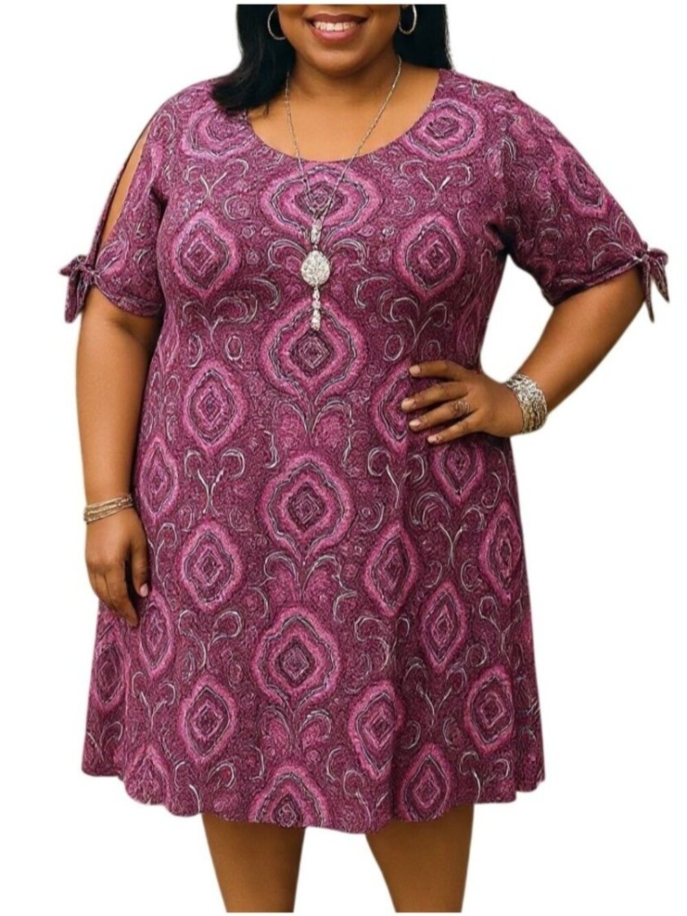 Kim Rogers Plus Size 2X Dress Mixed Pink Paisley Short Sleeves With Tie Detail